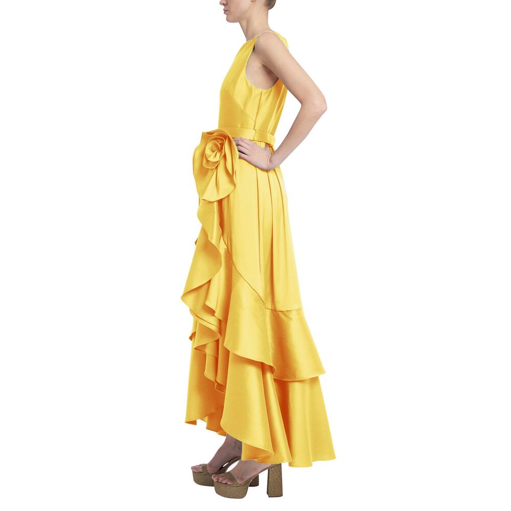 Badgley Mischka Women's Cascading Ruffle Rosette Gown Sleeveless Yellow Size 6 - Picture 2 of 7
